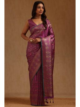 Soch - Purple Tussar Handloom Saree With Unstitched Blouse