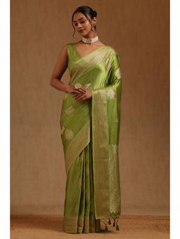 Soch - Green Satin Handloom Saree With Unstitched Blouse