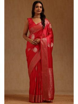Soch - Red Satin Handloom Saree With Unstitched Blouse
