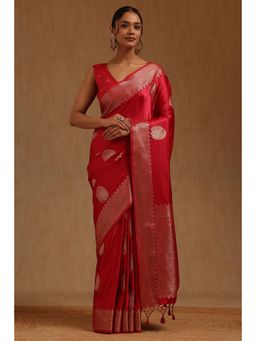 Soch - Red Satin Handloom Saree With Unstitched Blouse