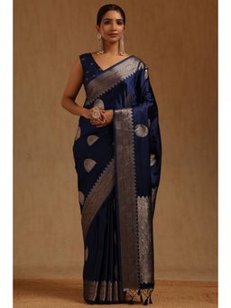 Soch - Navy Blue Satin Handloom Saree With Unstitched Blouse