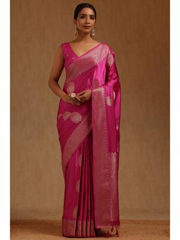 Soch - Pink Satin Handloom Saree With Unstitched Blouse