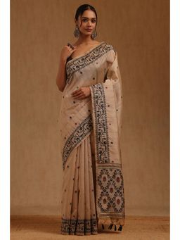 Soch - Beige Chanderi Handloom Saree With Unstitched Blouse