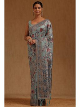 Soch - Blue Chanderi Handloom Saree With Unstitched Blouse