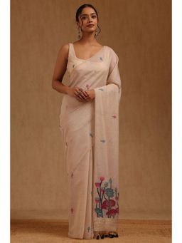 Soch - Beige Chanderi Handloom Saree With Unstitched Blouse