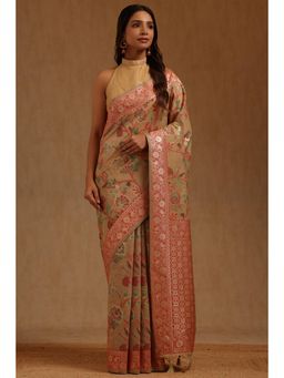 Soch - Beige Chanderi Handloom Saree With Unstitched Blouse