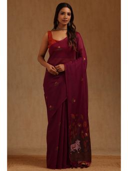 Soch - Magenta Chanderi Handloom Saree With Unstitched Blouse