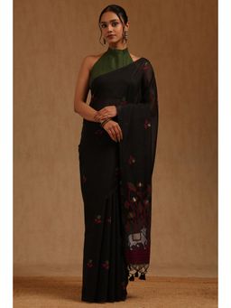 Soch - Black Chanderi Handloom Saree With Unstitched Blouse