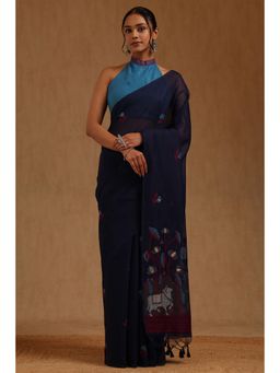 Soch - Blue Chanderi Handloom Saree With Unstitched Blouse
