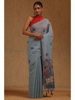 Soch - Blue Chanderi Handloom Saree With Unstitched Blouse