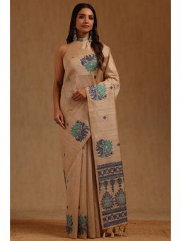 Soch - Beige Chanderi Handloom Saree With Unstitched Blouse