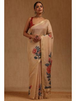 Soch - Beige Chanderi Handloom Saree With Unstitched Blouse