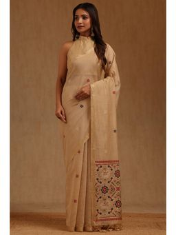 Soch - Beige Chanderi Handloom Saree With Unstitched Blouse
