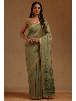 Soch - Green Tussar Handloom Saree With Unstitched Blouse