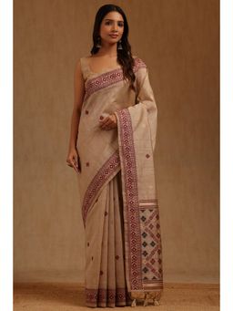 Soch - Beige Tussar Handloom Saree With Unstitched Blouse