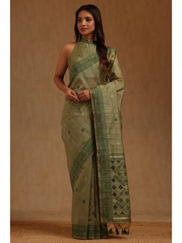 Soch - Green Tussar Handloom Saree With Unstitched Blouse