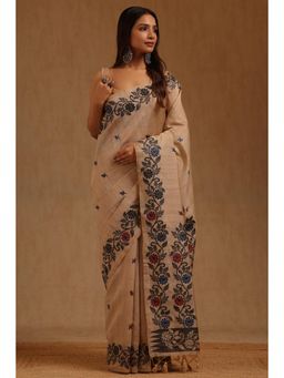 Soch - Beige Tussar Handloom Saree With Unstitched Blouse