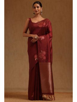 Soch - Maroon Tussar Handloom Saree With Unstitched Blouse