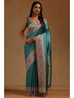 Soch - Teal Tussar Handloom Saree With Unstitched Blouse