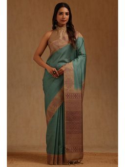 Soch - Blue Tussar Handloom Saree With Unstitched Blouse