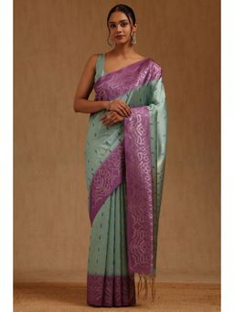 Soch - Blue Tussar Handloom Saree With Unstitched Blouse
