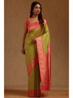 Soch - Green Tussar Handloom Saree With Unstitched Blouse