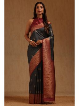 Soch - Grey Tussar Handloom Saree With Unstitched Blouse