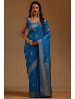 Soch - Blue Silk Blend Handloom Saree With Unstitched Blouse