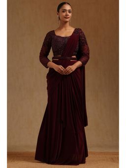 Soch - Wine Spandex Ready To Wear Saree With Belt & Stitched Blouse