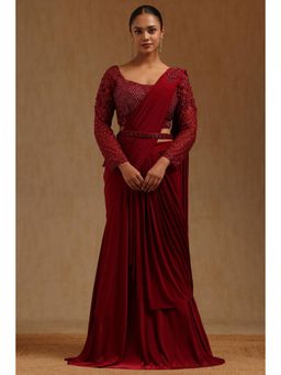 Soch - Maroon Spandex Ready To Wear Saree With Belt & Stitched Blouse