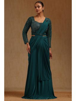 Soch - Teal Spandex Ready To Wear Saree With Belt & Stitched Blouse