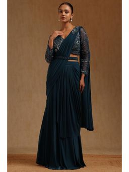 Soch - Blue Spandex Ready To Wear Saree With Belt & Stitched Blouse