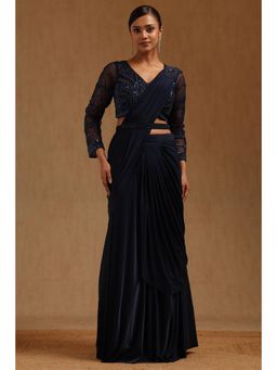Soch - Navy Blue Spandex Ready To Wear Saree With Belt & Stitched Blouse
