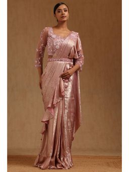Soch - Pink Poly Silk Ready To Wear Saree With Belt & Stitched Blouse