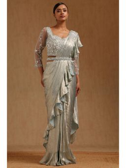 Soch - Blue Poly Silk Ready To Wear Saree With Belt & Stitched Blouse