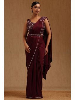 Soch - Wine Spandex Ready To Wear Saree With Belt & Stitched Blouse