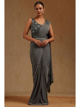 Soch - Grey Spandex Ready To Wear Saree With Belt & Stitched Blouse
