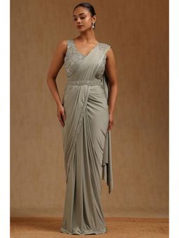 Soch - Grey Spandex Ready To Wear Saree With Belt & Stitched Blouse