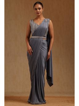 Soch - Grey Spandex Ready To Wear Saree With Belt & Stitched Blouse