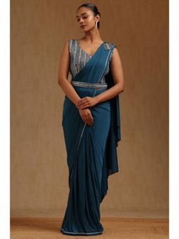 Soch - Teal Spandex Ready To Wear Saree With Belt & Stitched Blouse