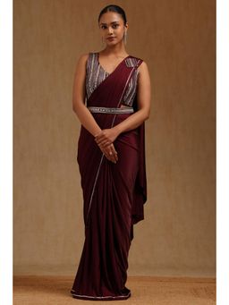Soch - Wine Spandex Ready To Wear Saree With Belt & Stitched Blouse