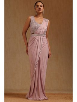 Soch - Pink Spandex Ready To Wear Saree With Belt & Stitched Blouse