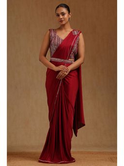 Soch - Maroon Spandex Ready To Wear Saree With Belt & Stitched Blouse