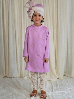 TIBER TABER - Boys Nawab Kurta Pyjama Cotton Embroidered - Purple (Set of 2)
