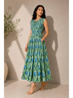 The NARI by SUGERCANDY - Women's Green Floral Flared Maxi Dress