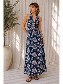 The NARI by SUGERCANDY - Blue Floral Printed Halter Neck Flared Maxi Dress