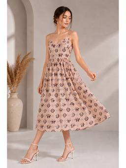 The NARI by SUGERCANDY - Women’S Peach Printed Spaghetti Strap Midi Dress