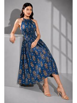 The NARI by SUGERCANDY - Women’S Blue Printed Halter Neck Midi Dress