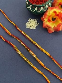 Digital Dress Room - Simple Golden Beaded Rakhi Criss Cross Mauli Thread Rakhi (Pack of 3)