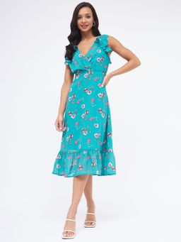 Kibo - Womens Aqua Green V-neck Floral Fit & Flare Dress